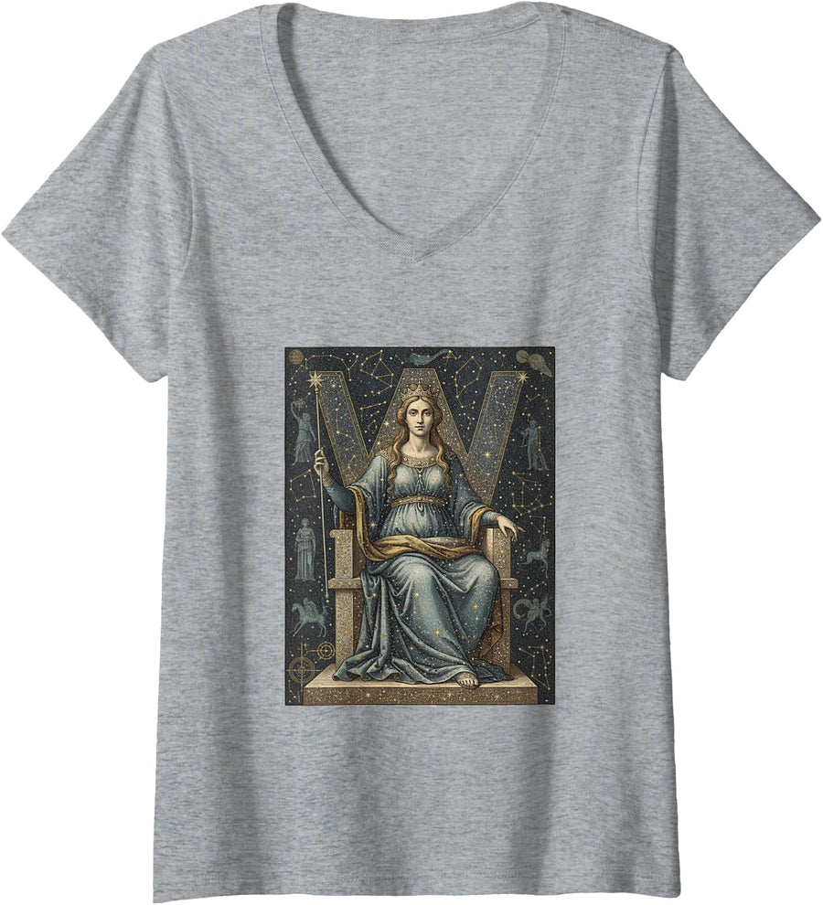 Women's Cassiopeia Crowned Queen Celestial Star Map Art Graphic V-Neck T-Shirt - Heather Grey