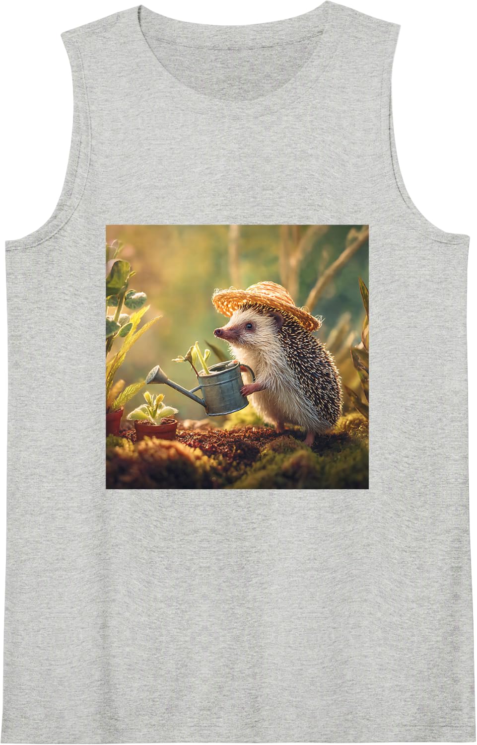 Hedgehog Gardener Watering Plants Cute Animal Sleeveless Tank Top - Heather Grey