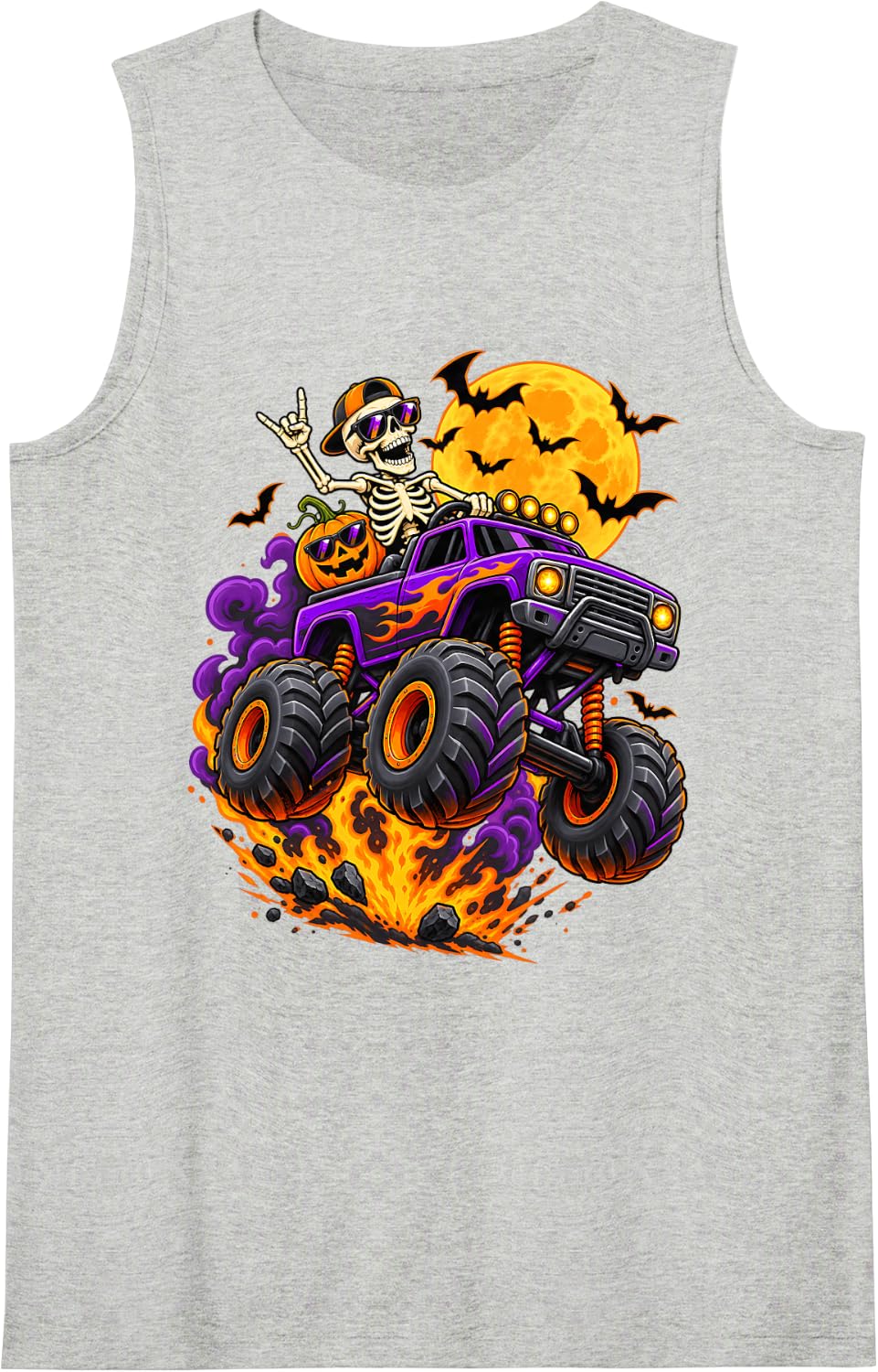 Fun Spooky Skeleton Riding Monster Truck Halloween Costumes Tank Top - Heather Grey