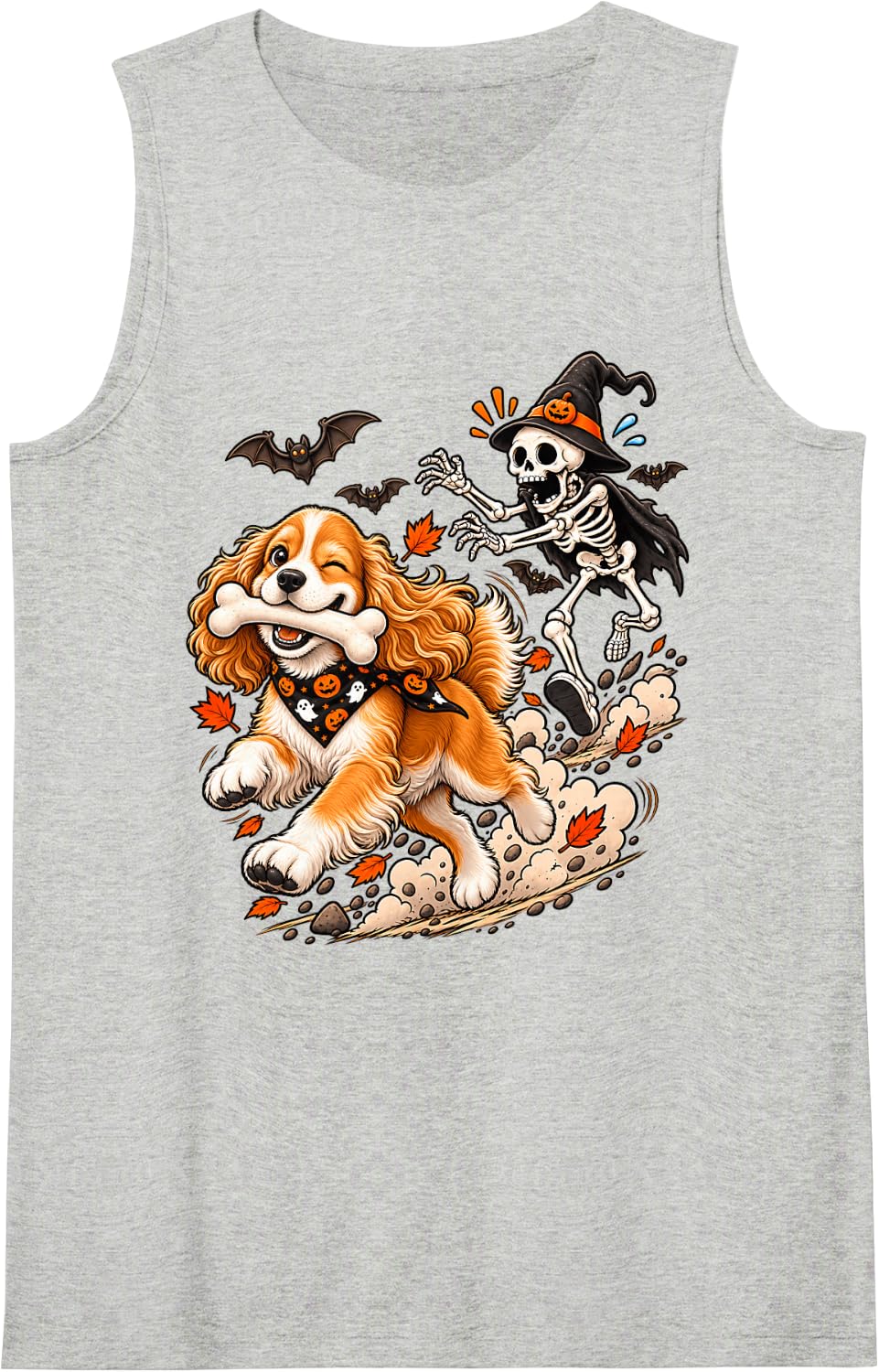 Funny Cocker Spaniel Chased by Skeleton Halloween Men Women Tank Top - Heather Grey