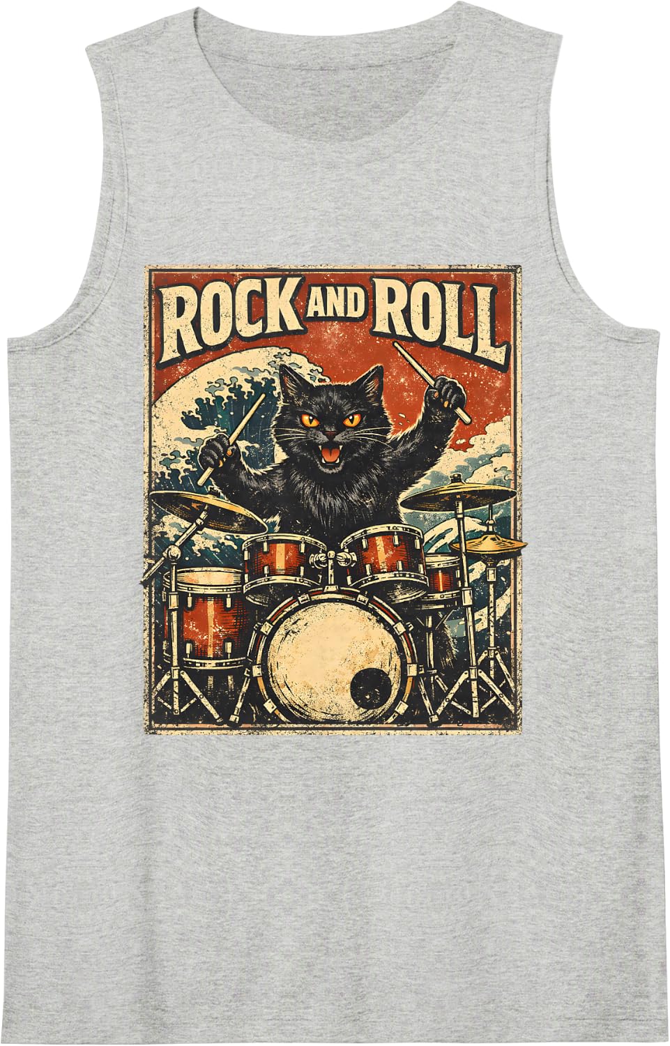 Cat Playing Drums Rock On Vintage Rock Drummer Cat Sleeveless Tank Top - Heather Grey