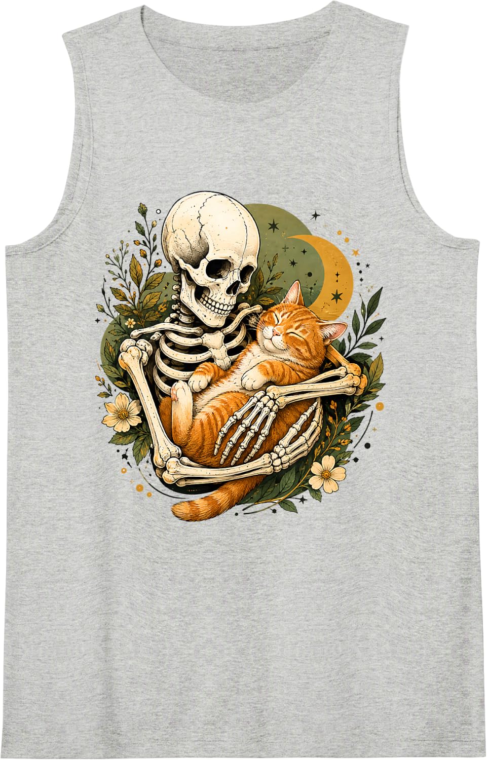 Floral Skeleton Hugging Cat Halloween Cat Lover Cat Mom Dad Tank Top - Heather Grey