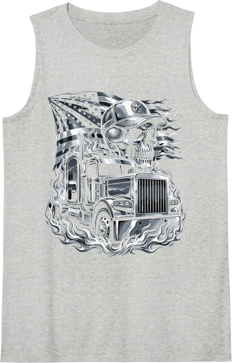Trucking Skull Trucker US Flag Truck Driver Flames Tee Sleeveless Tank Top - Heather Grey