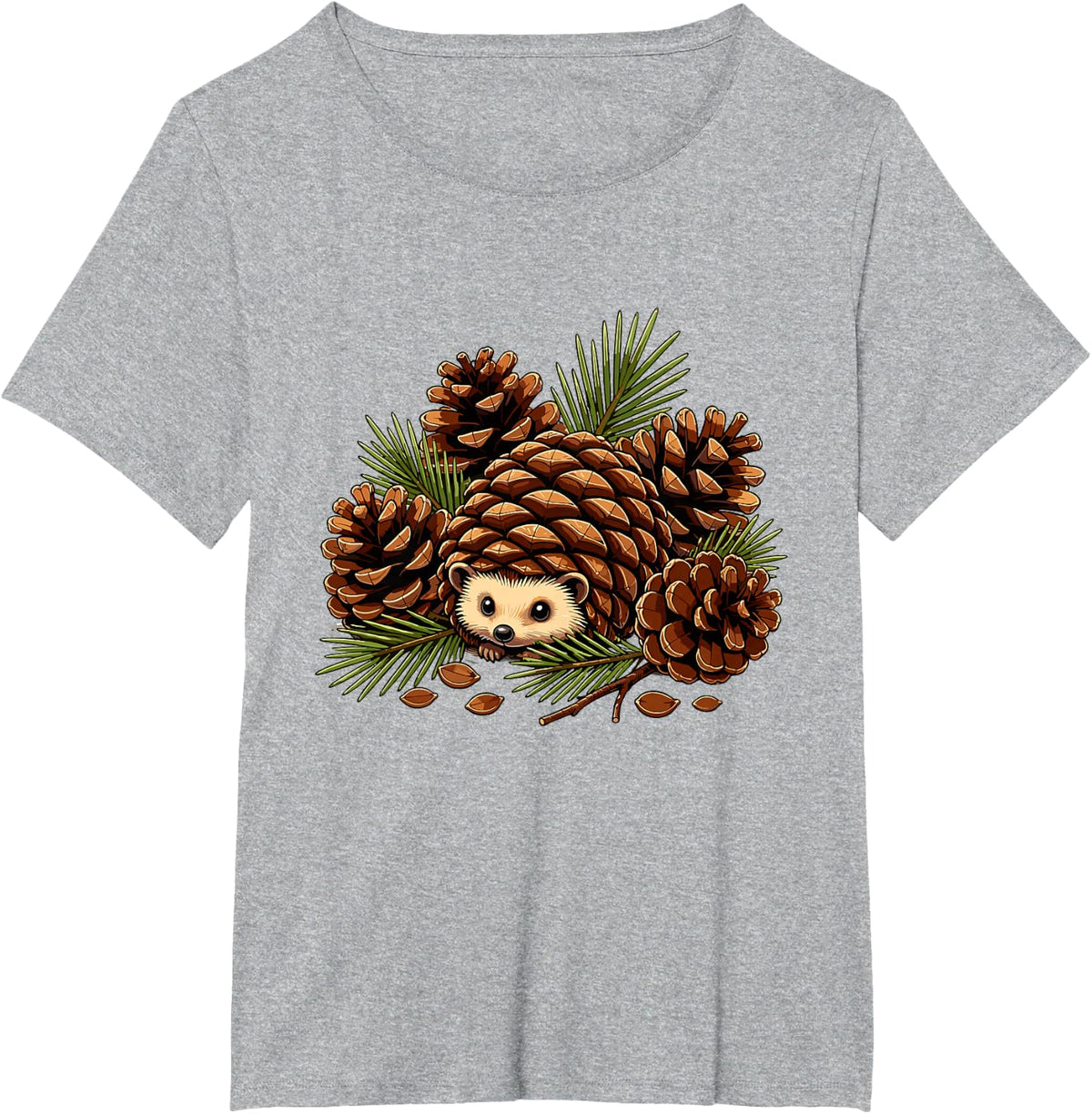 Cute Pinecone Hedgehog Woodland Forest Scene T-Shirt - Heather Grey
