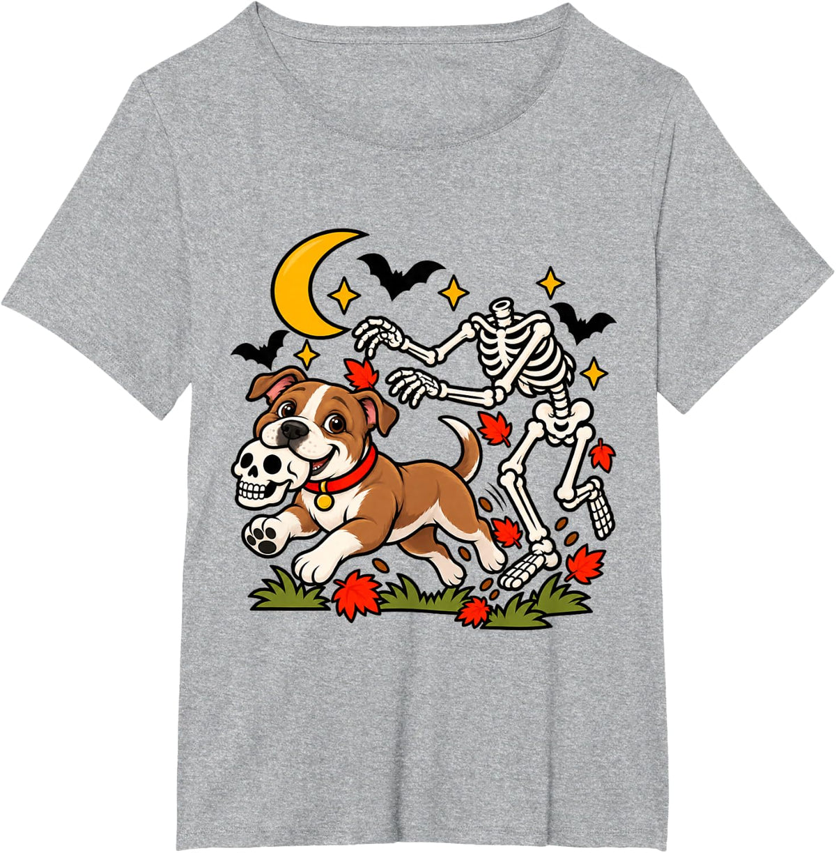Funny Pitbull Dog Stealing Skull from Skeleton Halloween T-Shirt - Heather Grey