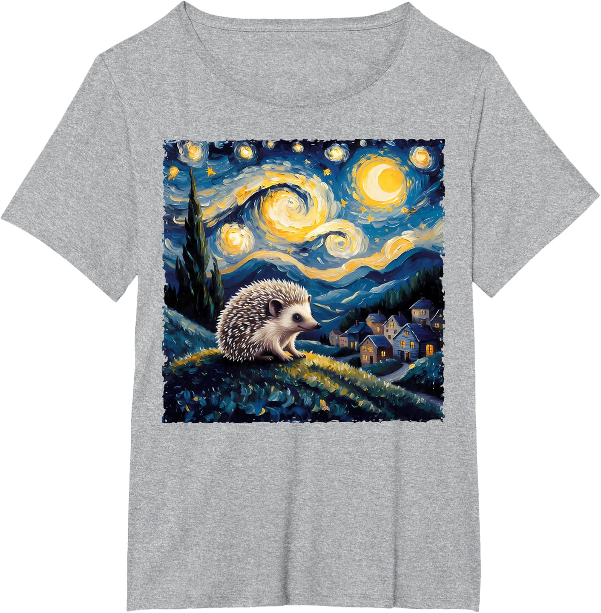 Van Gogh Style Funny Hedgehog Lover Starry Night Painting T-Shirt - Heather Grey