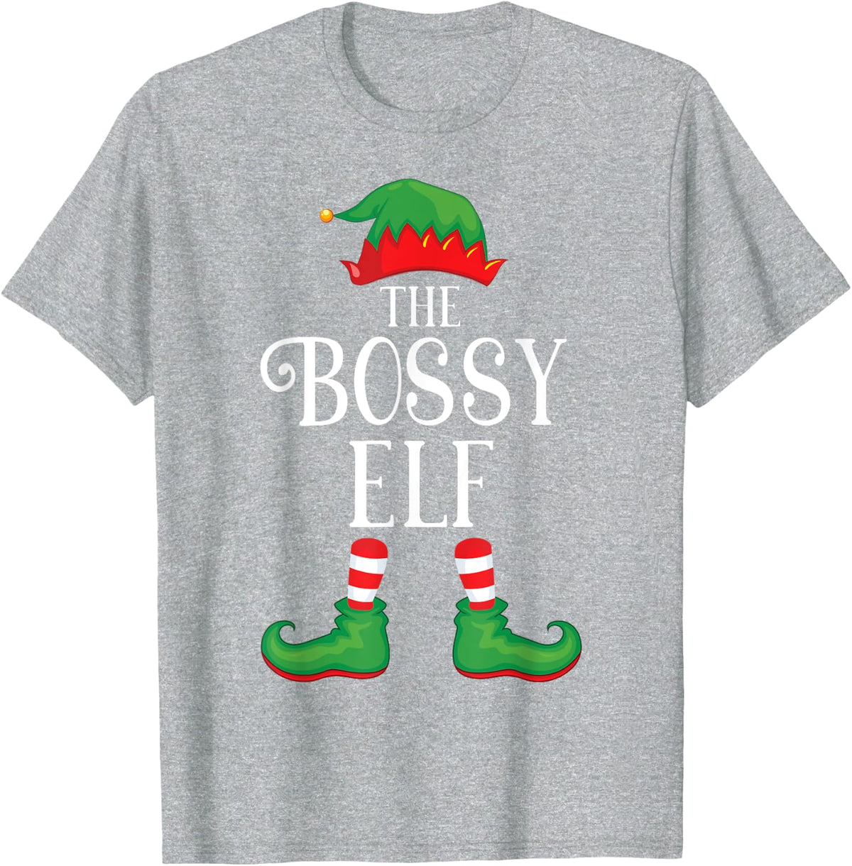 Bossy Elf Matching Group Xmas Funny Family Christmas T-Shirt - Heather Grey