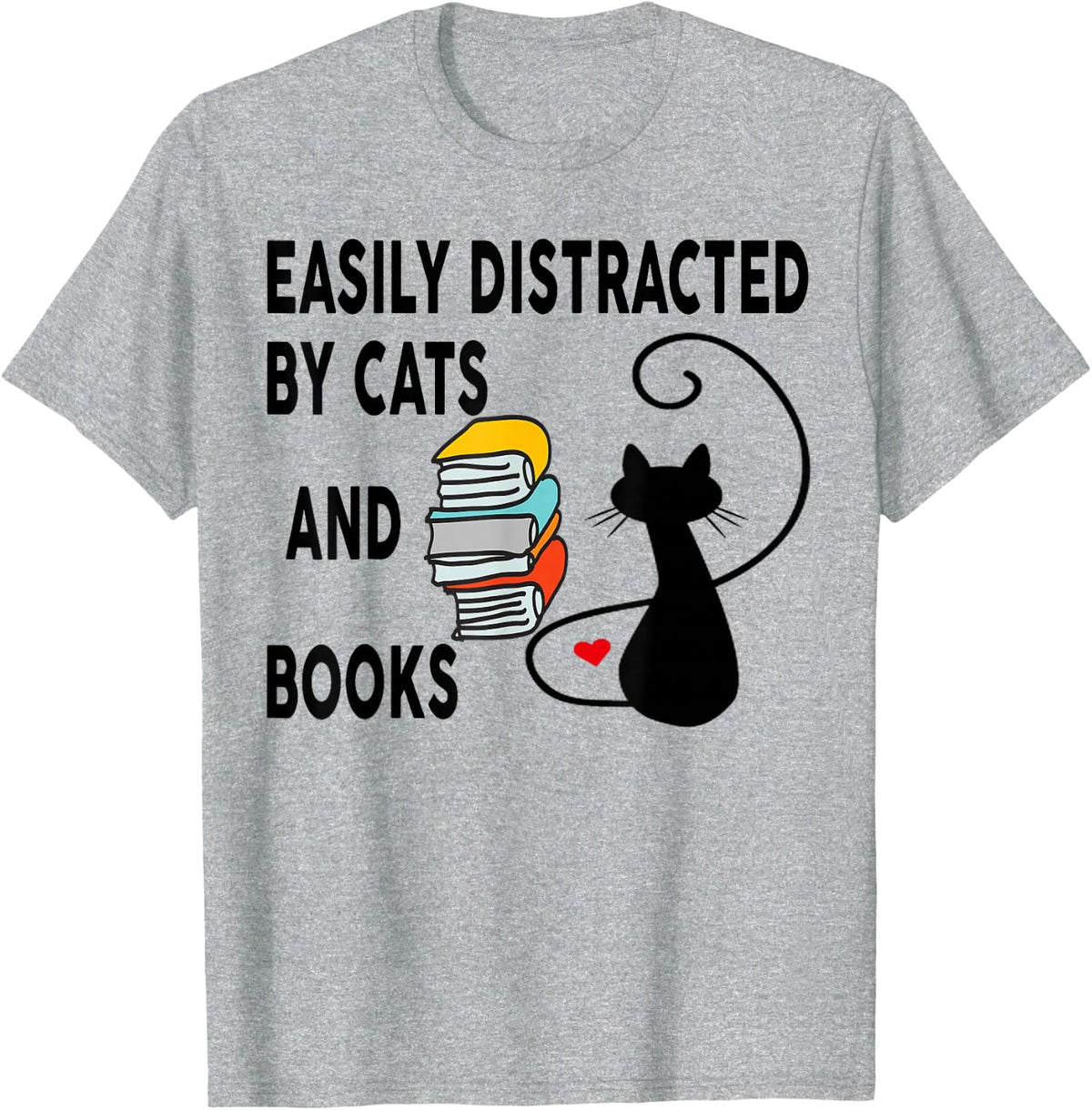 Easily Distracted by Cats and Books Black Cat & Book Lover T-Shirt - Heather Grey