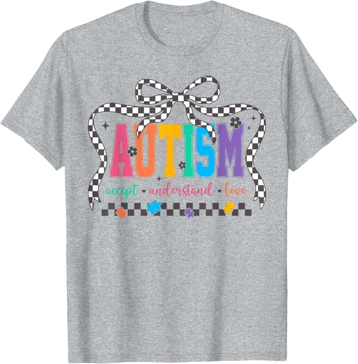 Autism Awareness Accept Understand Love Checkered Bow T-Shirt - Heather Grey