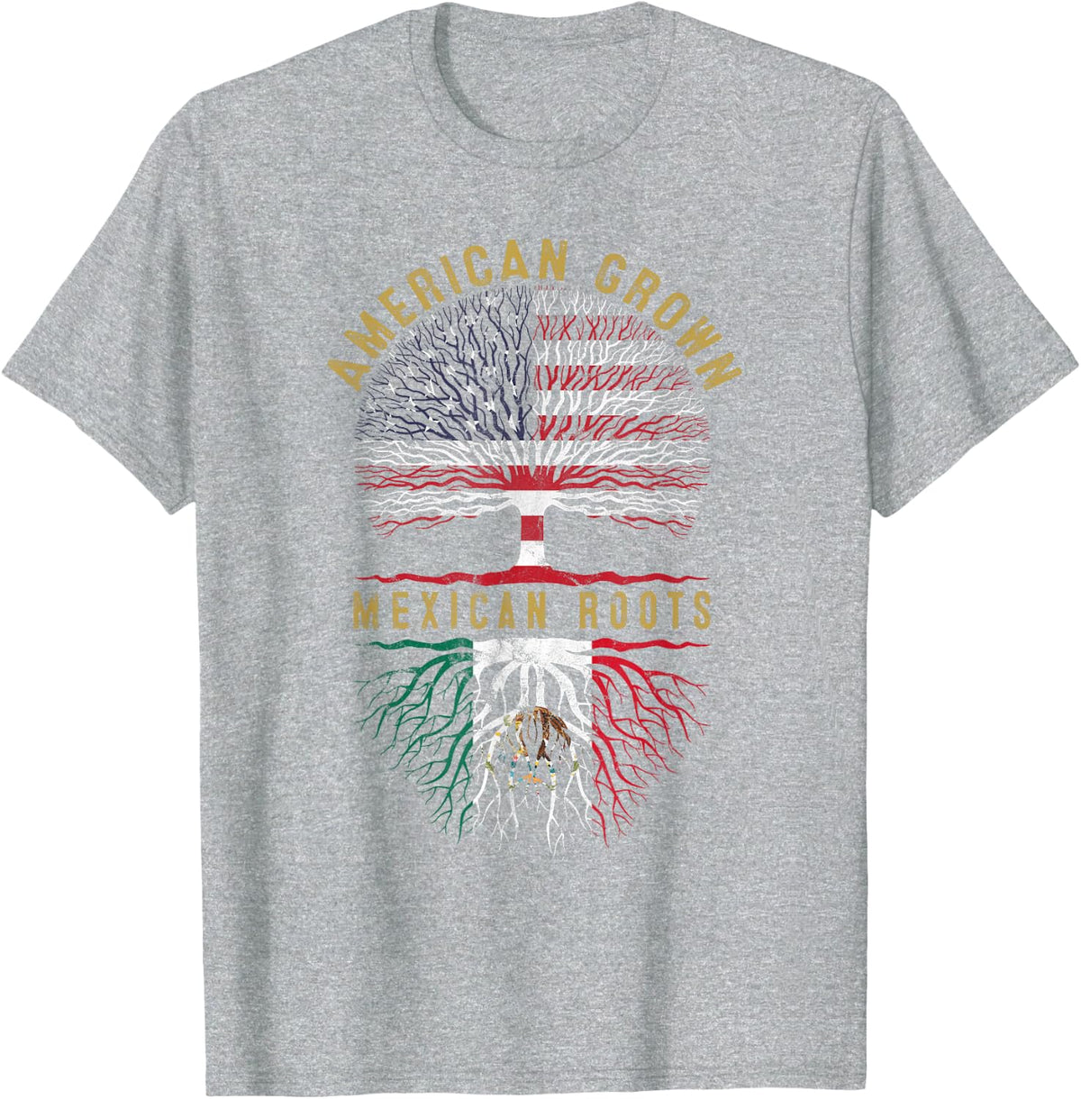 Distressed Tree USA Flag American Grown Mexican Roots T-Shirt - Heather Grey