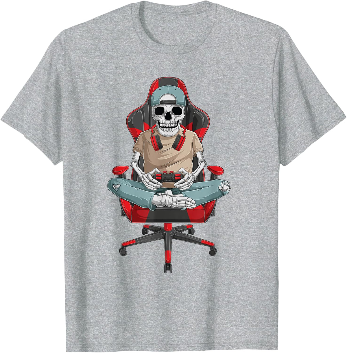 Halloween Skeleton Gamer Video Gaming Boys Men Kids Teens T-Shirt - Heather Grey