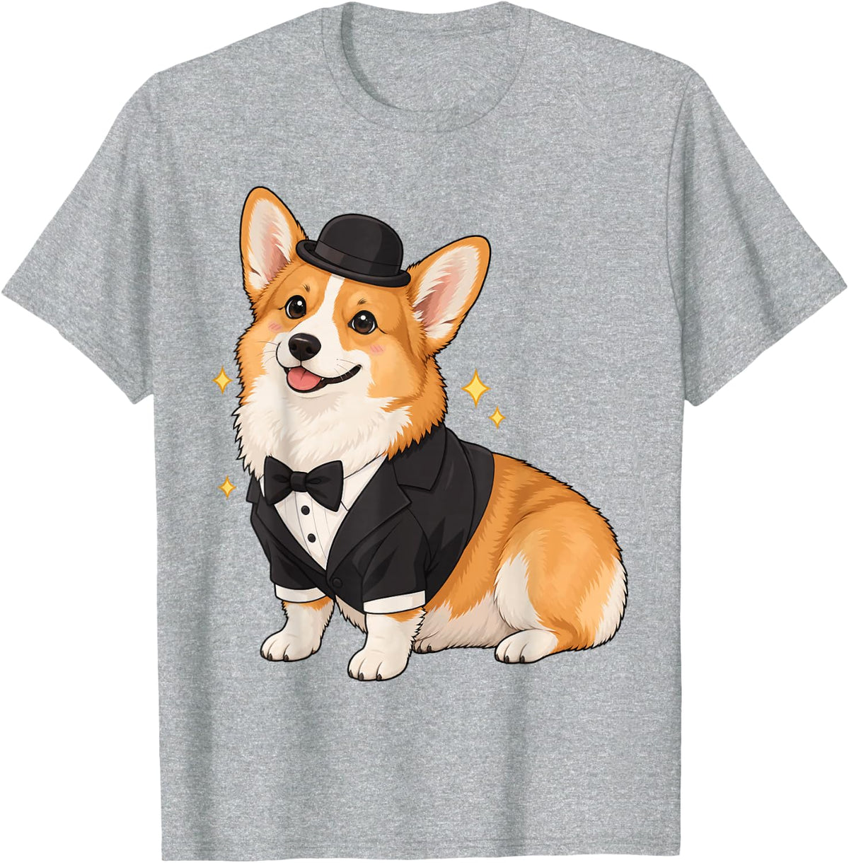 Corgi Dog Tuxedo Bowler Hat Gentleman Puppy Halloween T-Shirt - Heather Grey