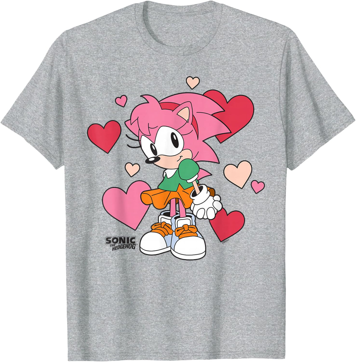 Sonic The Hedgehog Amy Rose Classic Art Hearts Background T-Shirt - Heather Grey