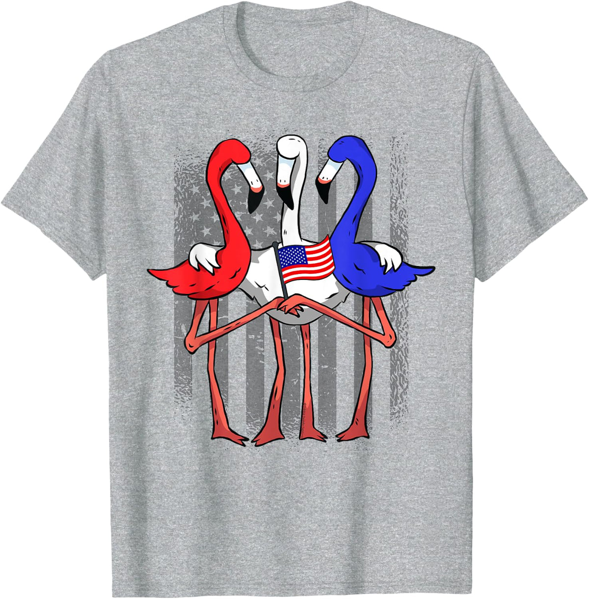 Patriotic Red White and Blue Flamingos USA Flag 4th of July T-Shirt - Heather Grey
