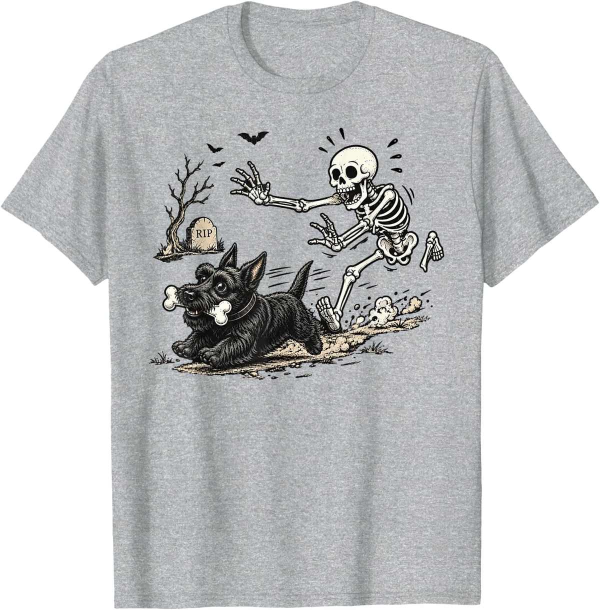 Cute Funny Skeleton Chasing Scottish Terrier Dog Halloween T-Shirt - Heather Grey