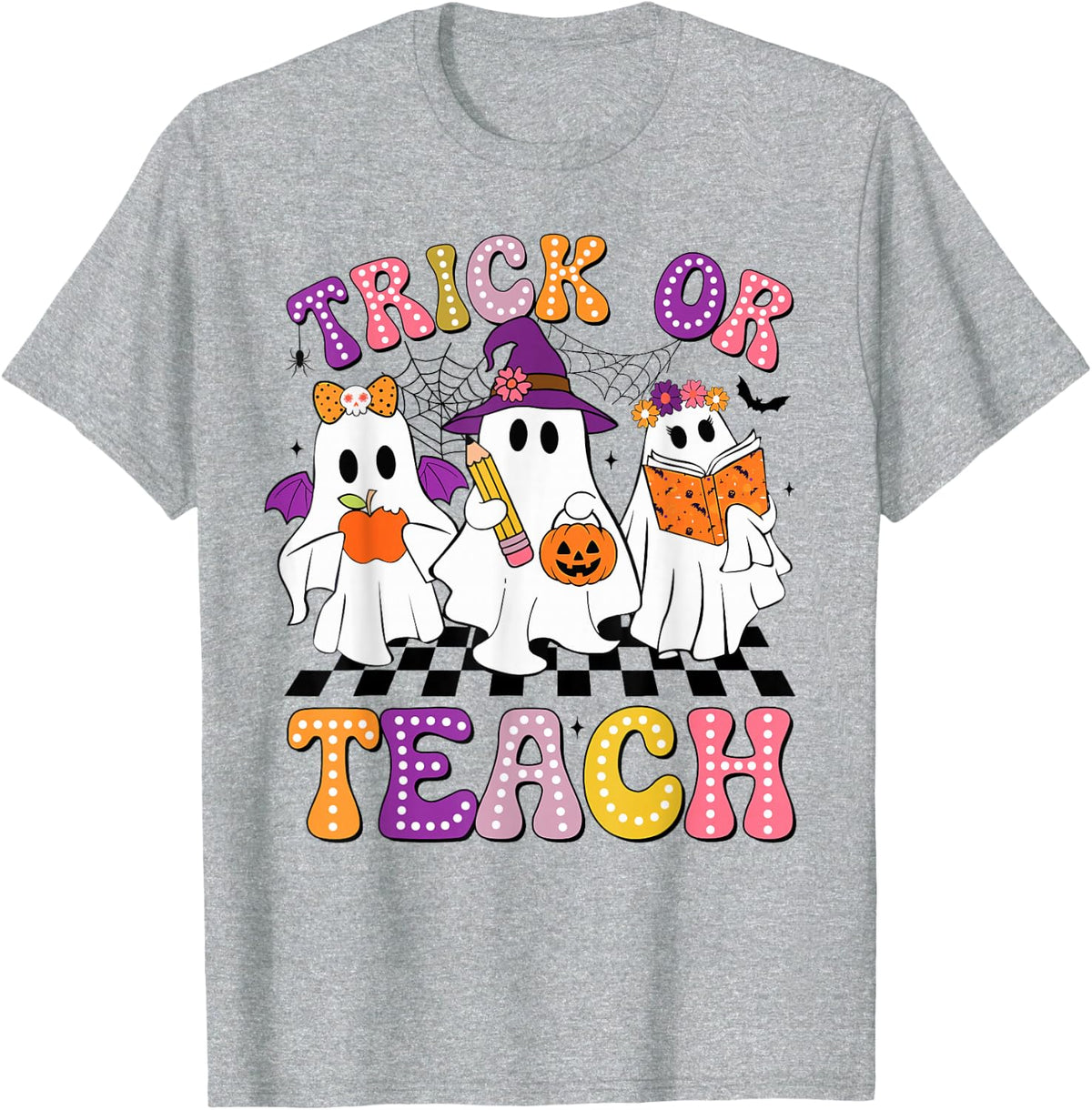 Trick Or Teach Groovy Teacher Halloween Retro Floral Ghost T-Shirt - Heather Grey