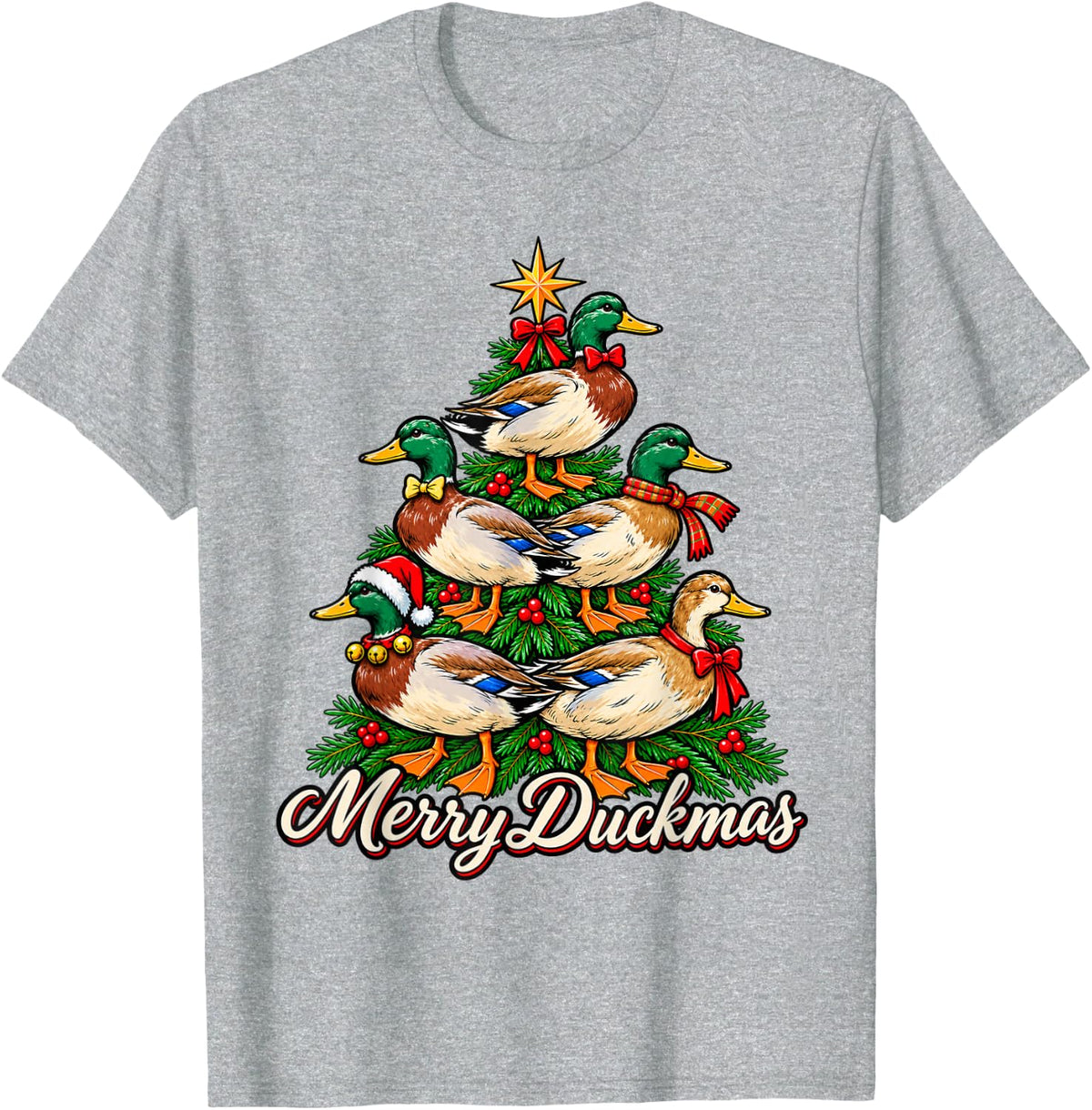 Christmas Mallard Duck Tree Waterfowl Holiday Art T-Shirt - Heather Grey