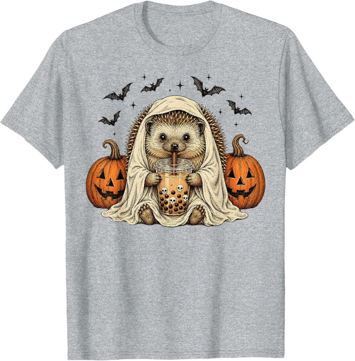 Cute Ghost Hedgehog Boba Halloween Spooky T-Shirt - Heather Grey