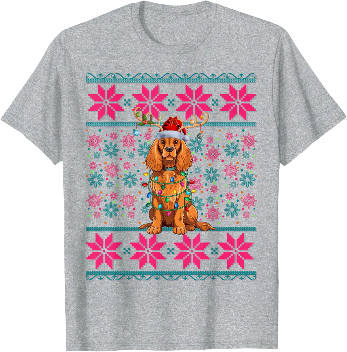 Reindeer Santa Ugly Christmas Lights Cocker Spaniel Dog Xmas T-Shirt - Heather Grey