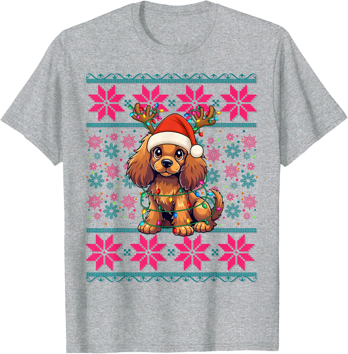 Reindeer Santa Ugly Christmas American Cocker Spaniel Dog T-Shirt - Heather Grey