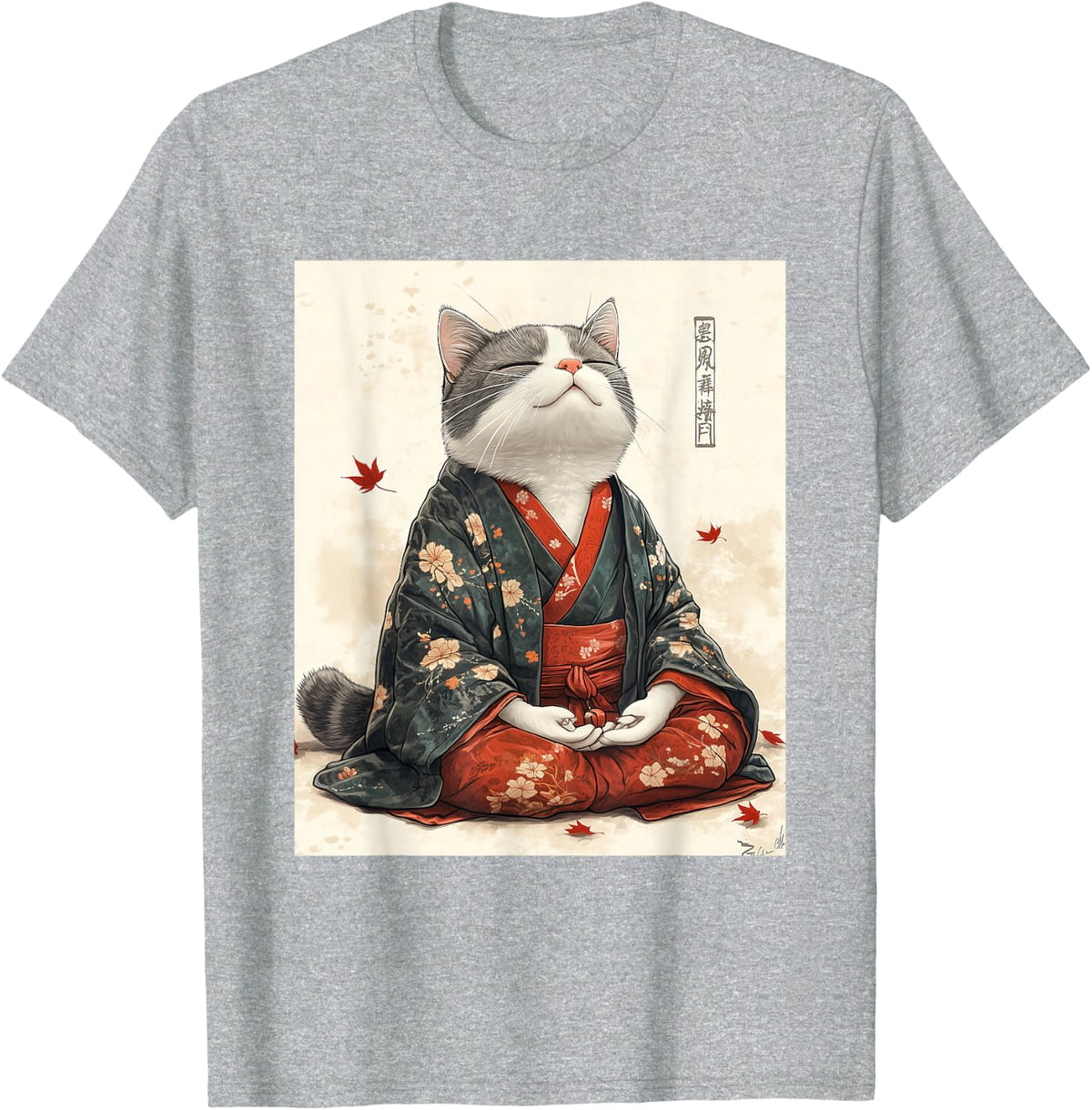 Zen Cat T-Shirt - Meditating Japanese Art Style Graphic Tee T-Shirt - Heather Grey
