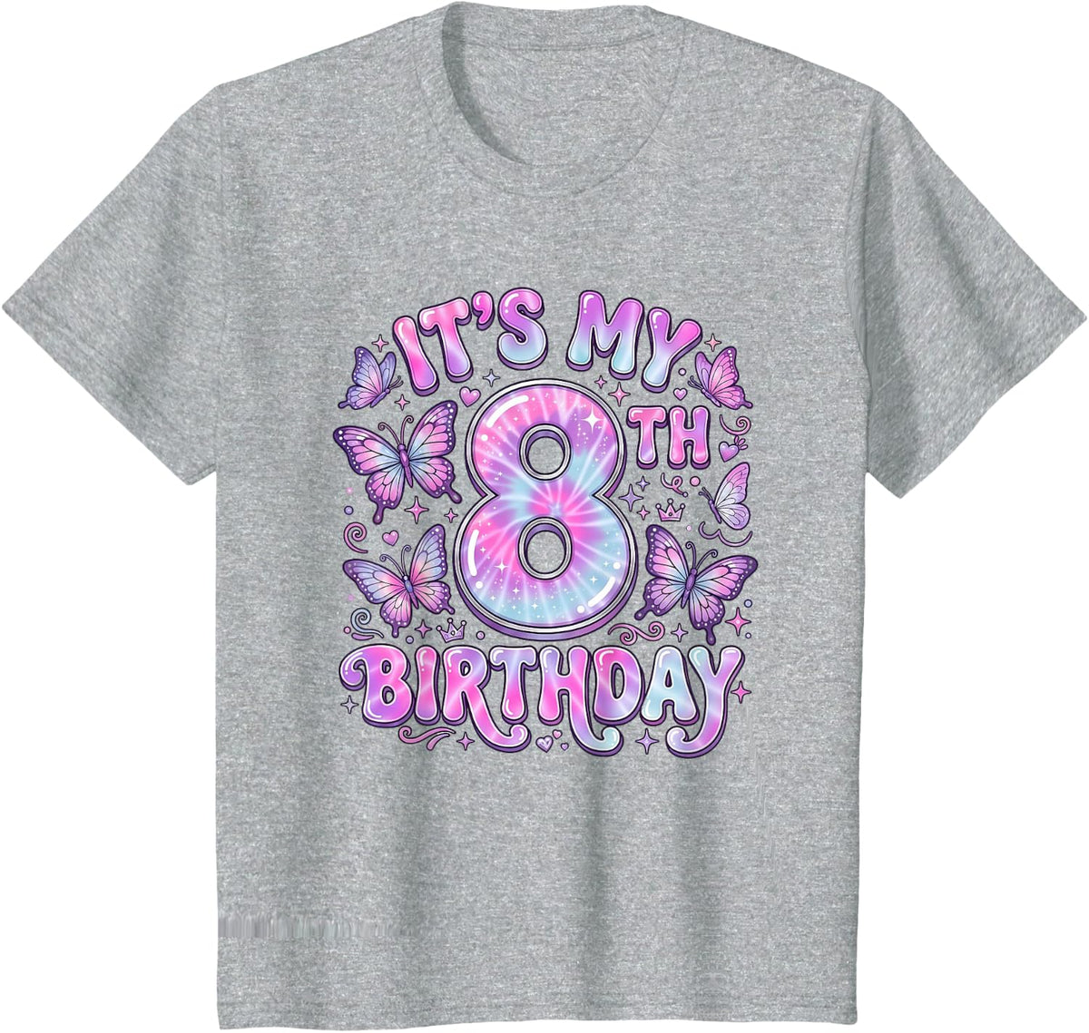 It's My 8th Birthday Butterfly Theme 8 Year Old Party Girl T-Shirt - Heather Grey